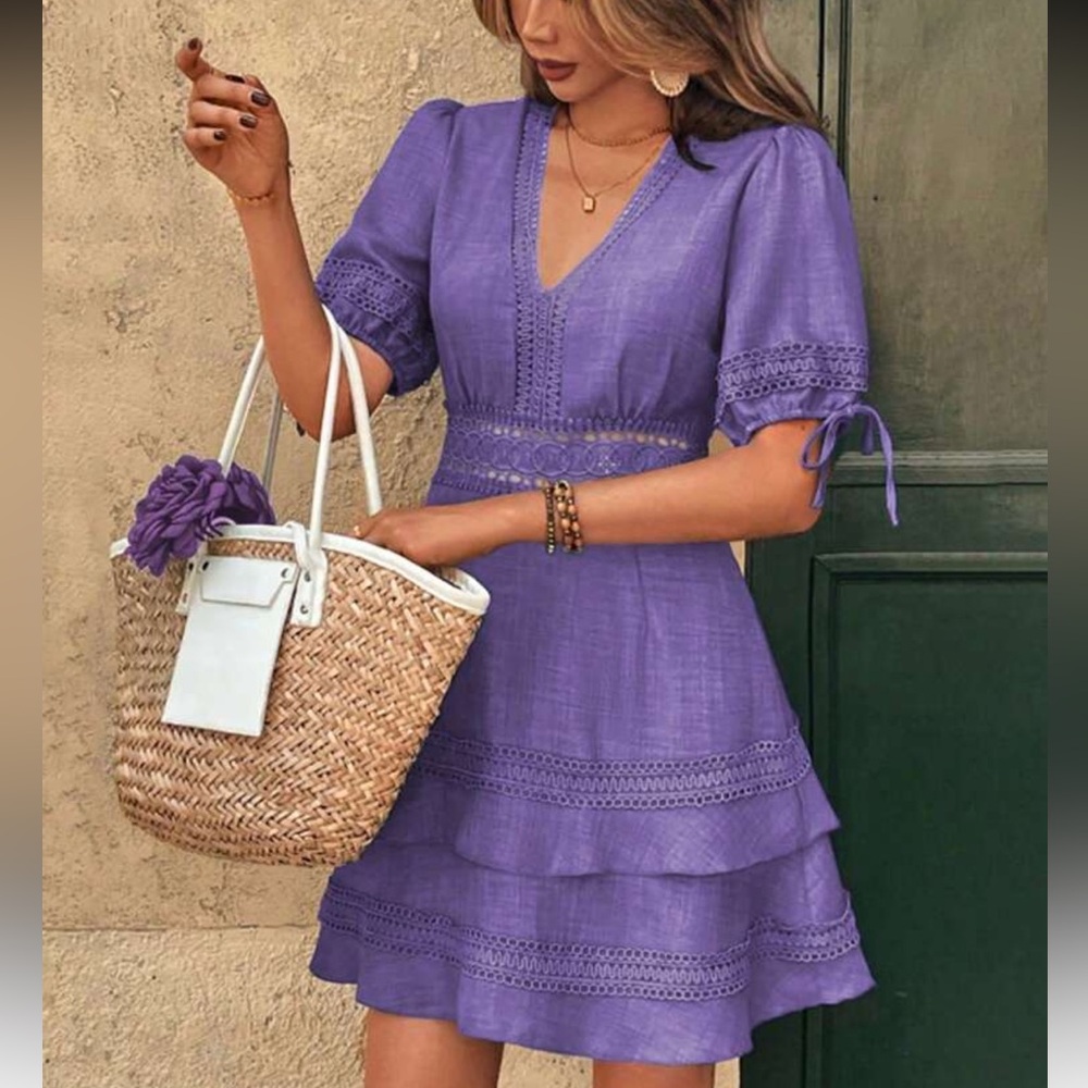 Elegant Purple Lace Trim Dress